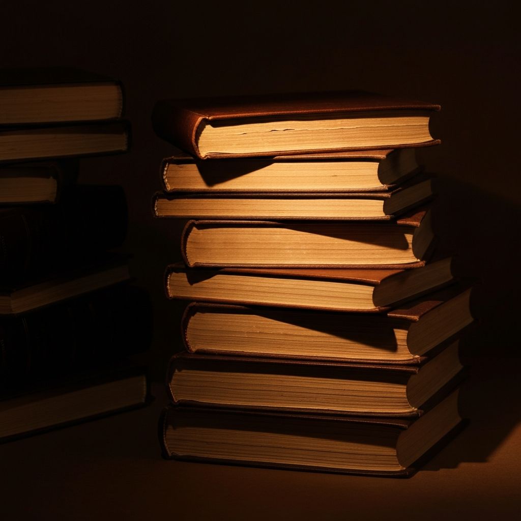 Scholarly composition representing educational content collection with stack of leather-bound journals and scientific papers with warm directed lighting and aged aesthetic