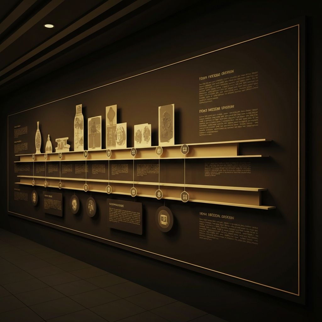 Timeline-style visualization showing evolution and historical perspective of scientific understanding with abstract layers and chronological elements