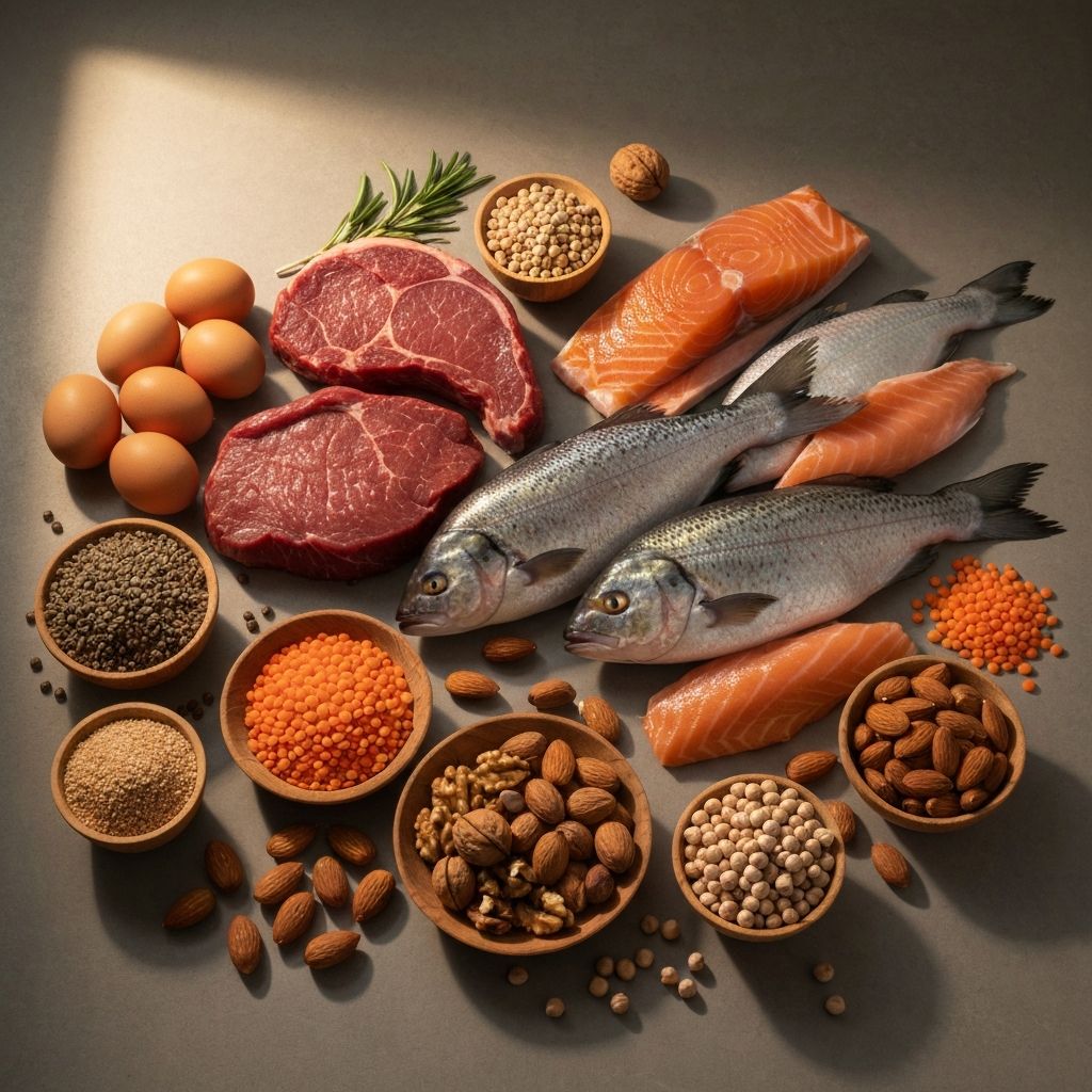 Collection of high-quality protein sources including lean meats, fish, legumes, nuts, and eggs arranged on a neutral surface with warm lighting